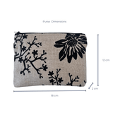 Purse with black floral design and dimensions on a white background