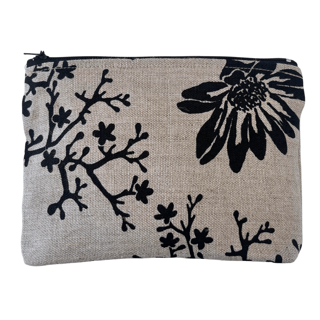 Marguerite in Black zip purse on natural linen with vintage floral print, small travel pouch