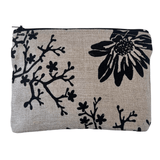 Marguerite in Black zip purse on natural linen with vintage floral print, small travel pouch