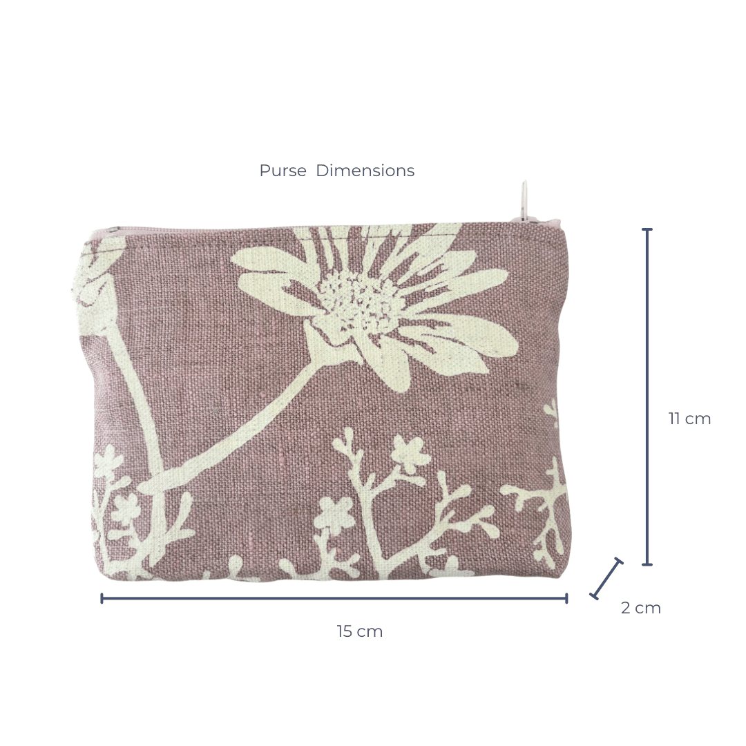 Floral-patterned zipper pouch with dimensions on a white background