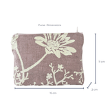 Floral-patterned zipper pouch with dimensions on a white background