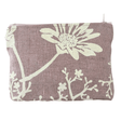 Zip purse with Marguerite in Creme handprinted on mauve organic linen