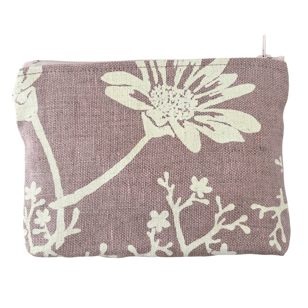 Zip purse with Marguerite in Creme handprinted on mauve organic linen