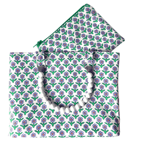 Purple floral mini fabric shopper bag with matching zip purse and wooden beaded handles