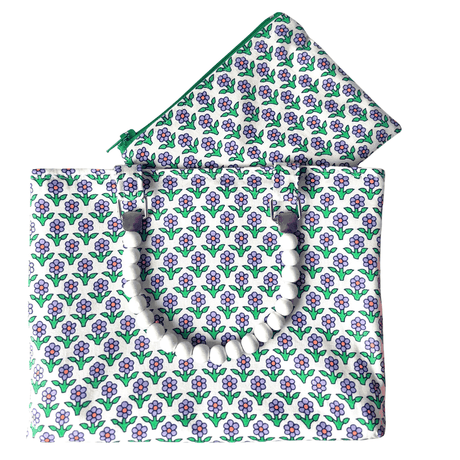 Vintage fabric shopper Jemima purple floral mini bag with white wooden beaded handles and matching zip purse