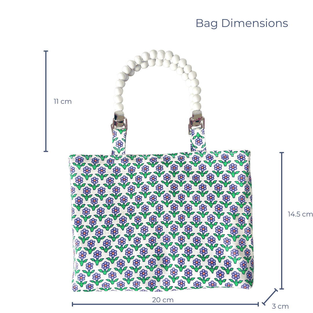 Patterned bag with measurement details on a white background