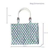 Patterned bag with measurement details on a white background