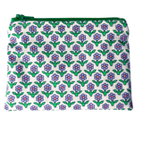 Floral patterned pouch with a green zipper on a white background