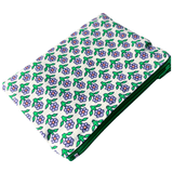 Floral patterned pouch with green border on a white background