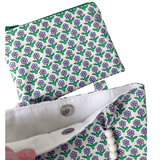 Floral-patterned bag and zip purse with a magnetic clasp on a white background