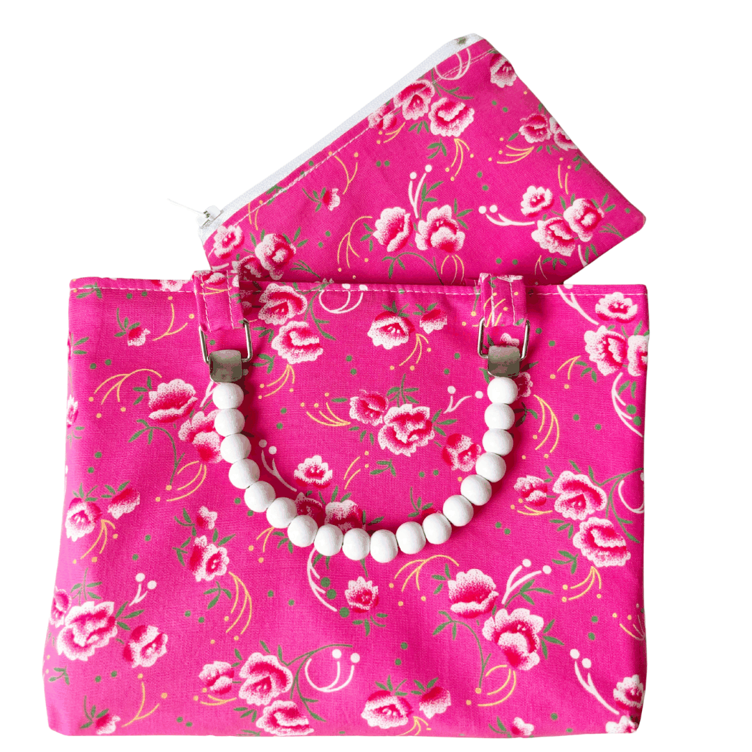 Vintage Fabric Shopper Penelope pink peony mini bag with white wooden bead handles and matching zip purse