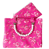 Vintage Fabric Shopper Penelope pink peony mini bag with white wooden bead handles and matching zip purse