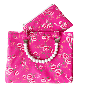 Vintage Fabric Shopper Penelope pink peony mini bag with white wooden bead handles and matching zip purse