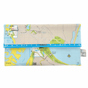 Recycled street map wallet featuring North Stradbroke Island map, made from Brisbane UBD pages with clear PVC cover and magnetic clip closure