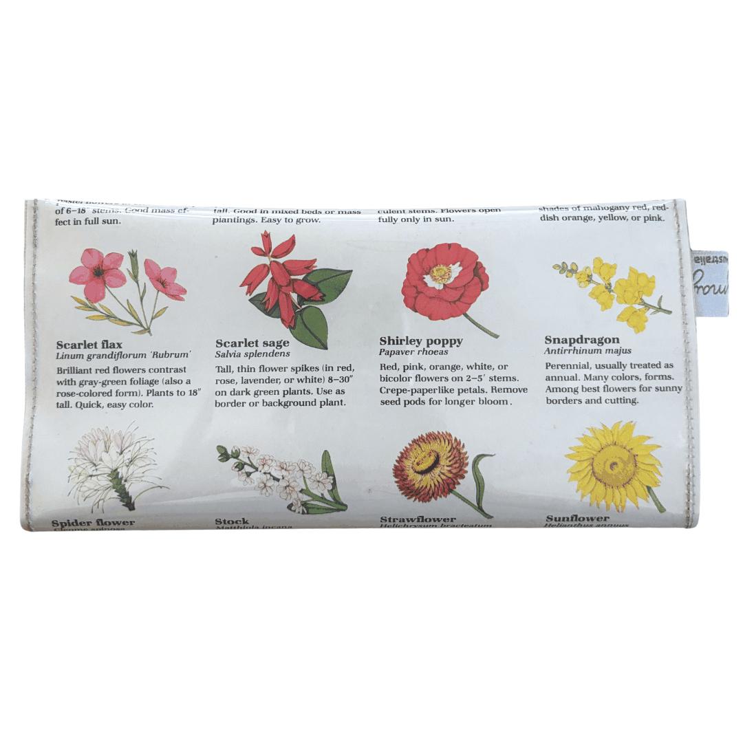 Lyssy May handmade wallet featuring pages from a vintage gardening book. Back view of wallet.