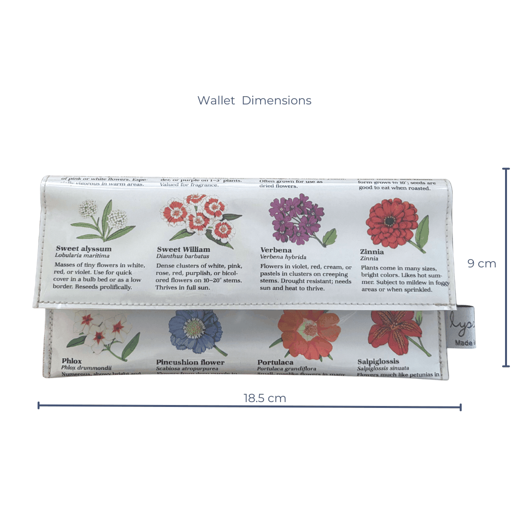 Lyssy May handmade wallet featuring pages from a vintage gardening book. Front view showing flowers. Dimensions 18.5 cm by 9 cm.