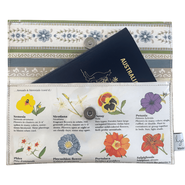 Vintage Garden Book Wallet featuring 1981 gardening book pages with illustrated annual flowers and vintage floral lining