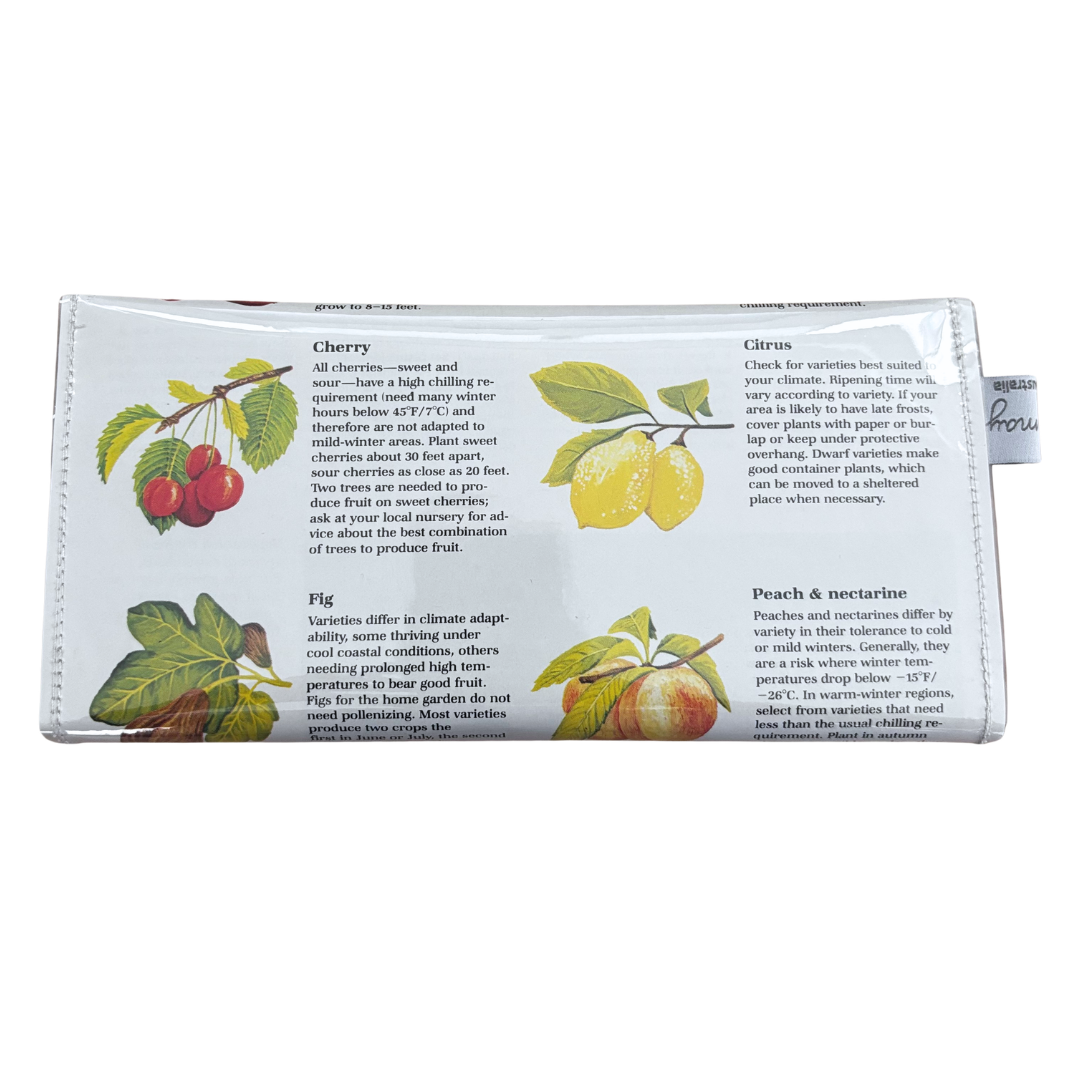 back view of wallet with illustrations of fruits and text on a white background