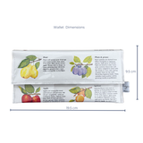 handmade wallet with fruit illustrations and text, with dimensions displayed.