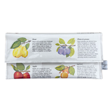 wallet made from vintage pages of fruit illustrations and text on a white background