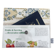 Floral-patterned wallet with text and fruit illustrations on a white background