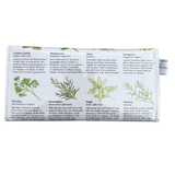 Herb illustrations and text on a white background back view of handmade wallet