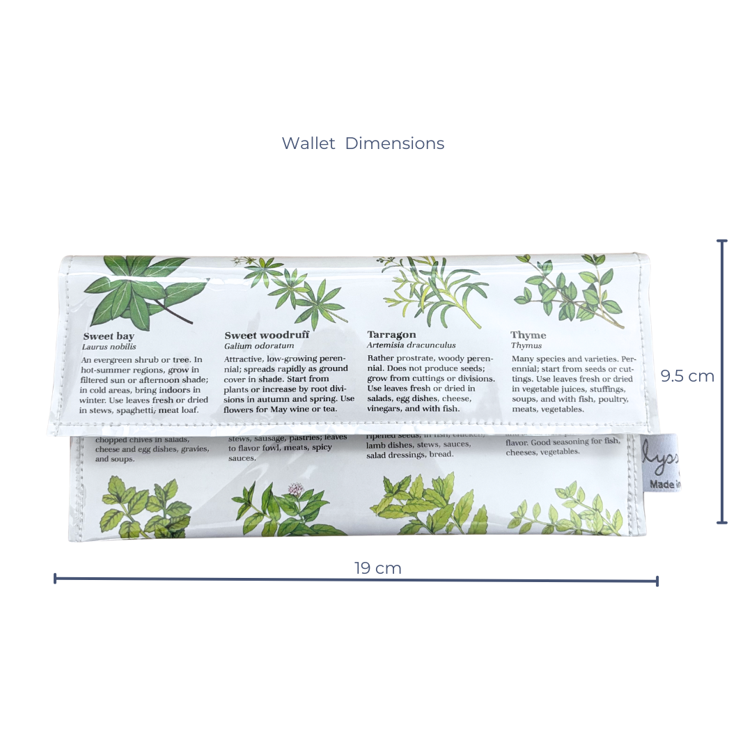 Green leaf-patterned wallet with dimensions on a white background