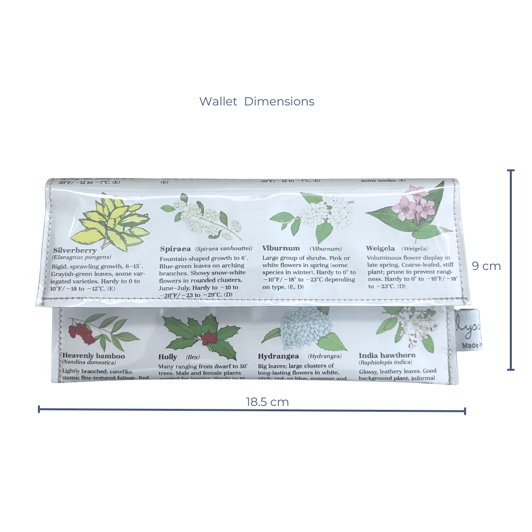 Lyssy May handmade wallet featuring pages from a vintage gardening book featuring illustrations of flowers. Front view with dimensions 18.5 cm by 9 cm.
