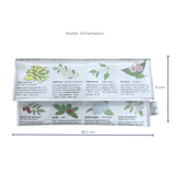 Lyssy May handmade wallet featuring pages from a vintage gardening book featuring illustrations of flowers. Front view with dimensions 18.5 cm by 9 cm.
