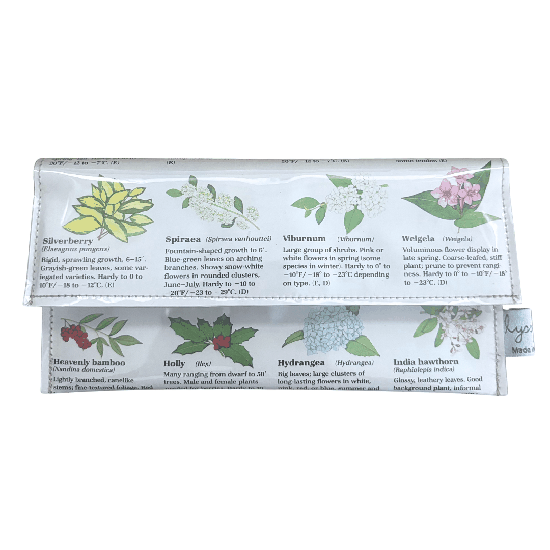 Lyssy May handmade wallet featuring pages from a vintage gardening book featuring illustrations of flowers. Front view of wallet.