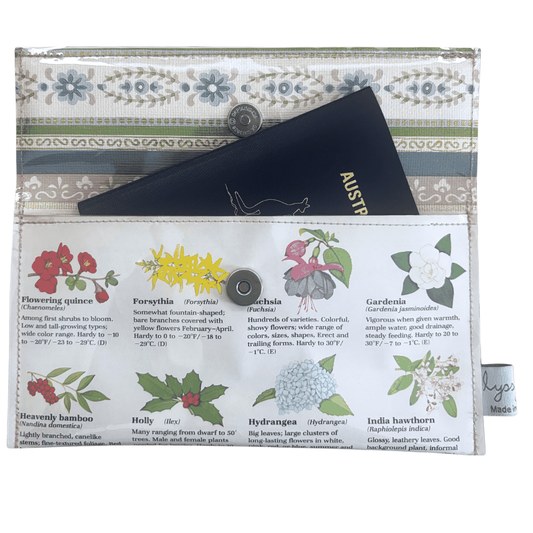 Vintage Garden Book Wallet made from 1981 gardening book pages with flowering plant illustrations and vintage floral lining