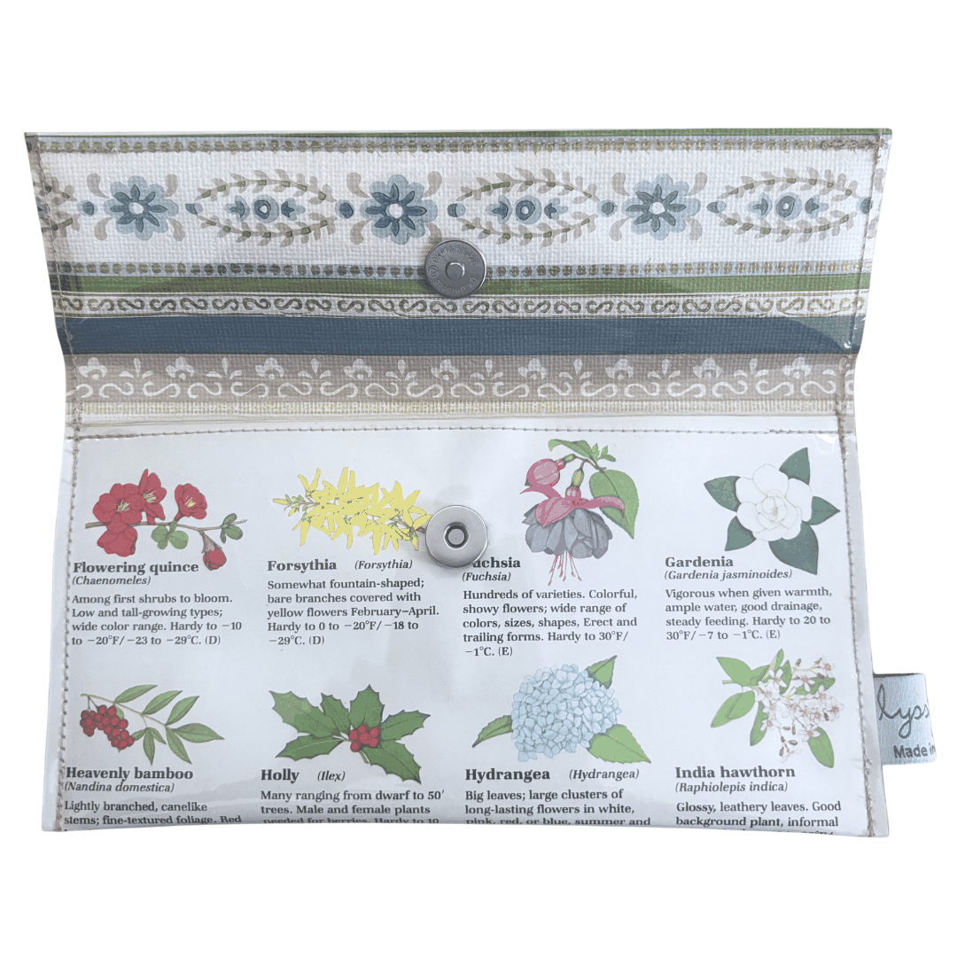Lyssy May handmade wallet featuring pages from a vintage gardening book featuring illustrations of flowers. Inside view showing magnetic clip closure,
