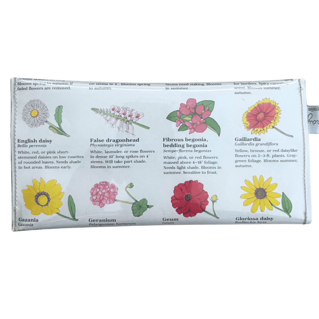 Lyssy May handmade wallet featuring pages from a vintage gardening book featuring illustrations of flowers. Back view of wallet.