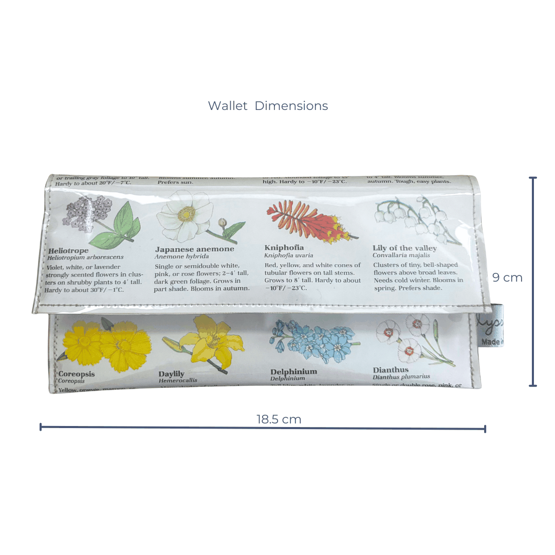Lyssy May handmade wallet featuring pages from a vintage gardening book featuring illustrations of flowers. Inside view showing magnetic clip closure and dimensions 18.5 cm by 9 cm.