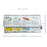 Lyssy May handmade wallet featuring pages from a vintage gardening book featuring illustrations of flowers. Inside view showing magnetic clip closure and dimensions 18.5 cm by 9 cm.
