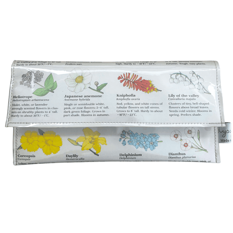 Lyssy May handmade wallet featuring pages from a vintage gardening book featuring illustrations of flowers.Front view of wallet.