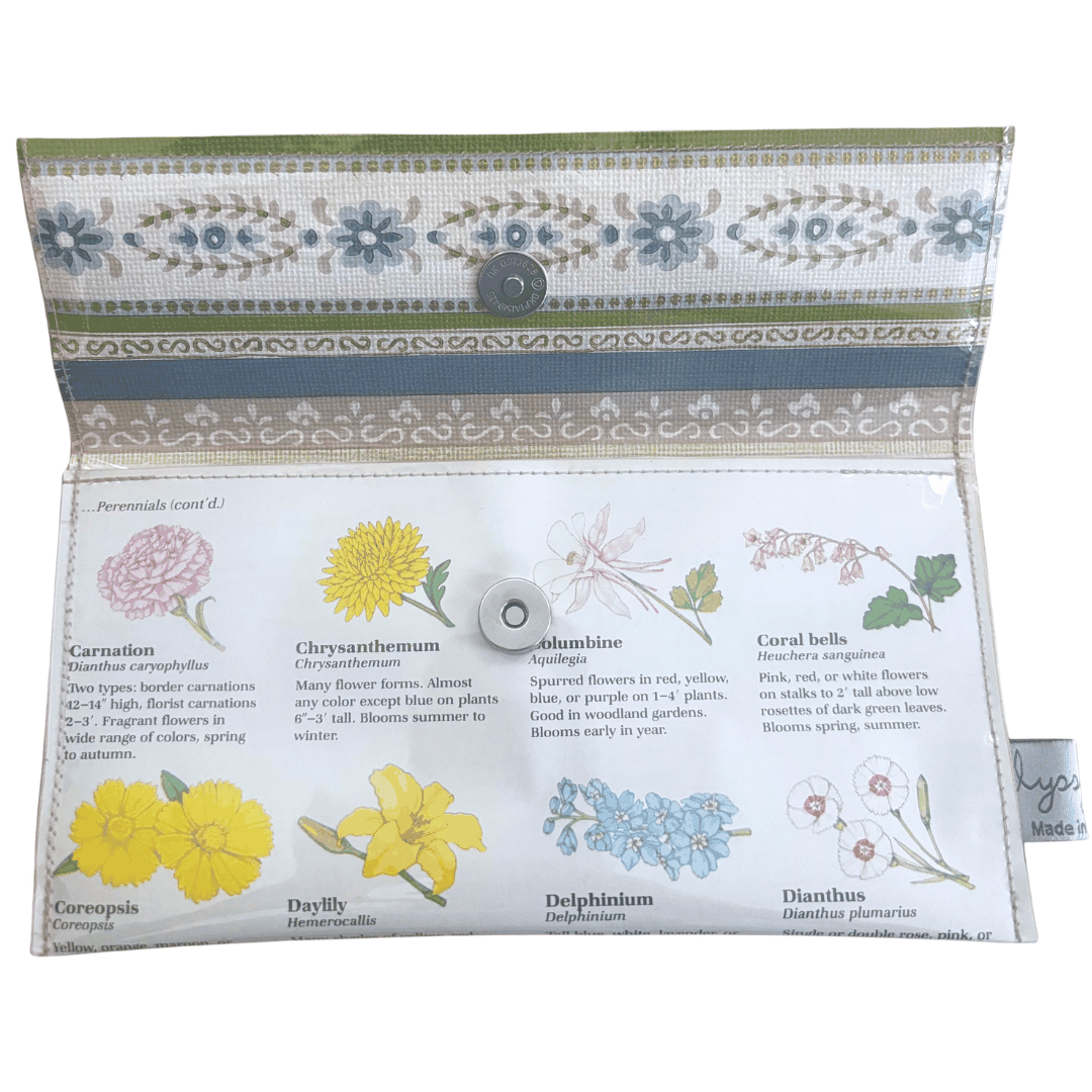 Lyssy May handmade wallet featuring pages from a vintage gardening book featuring illustrations of flowers. Inside view showing magnetic clip closure and wallpaper lining.