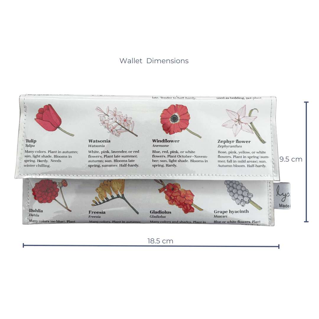 Floral-patterned wallet with dimensions on a white background