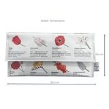Floral-patterned wallet with dimensions on a white background