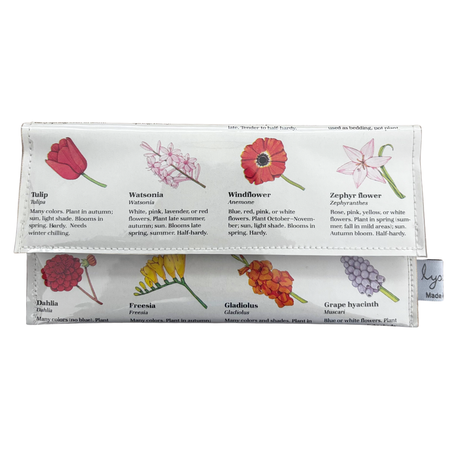 Floral-patterned handmade wallet with labels on a white background