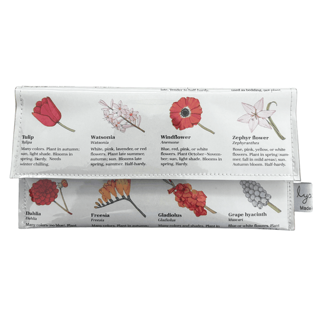 Vintage Garden Book Wallet made from 1981 gardening book pages with spring flower illustrations and vintage wallpaper lining