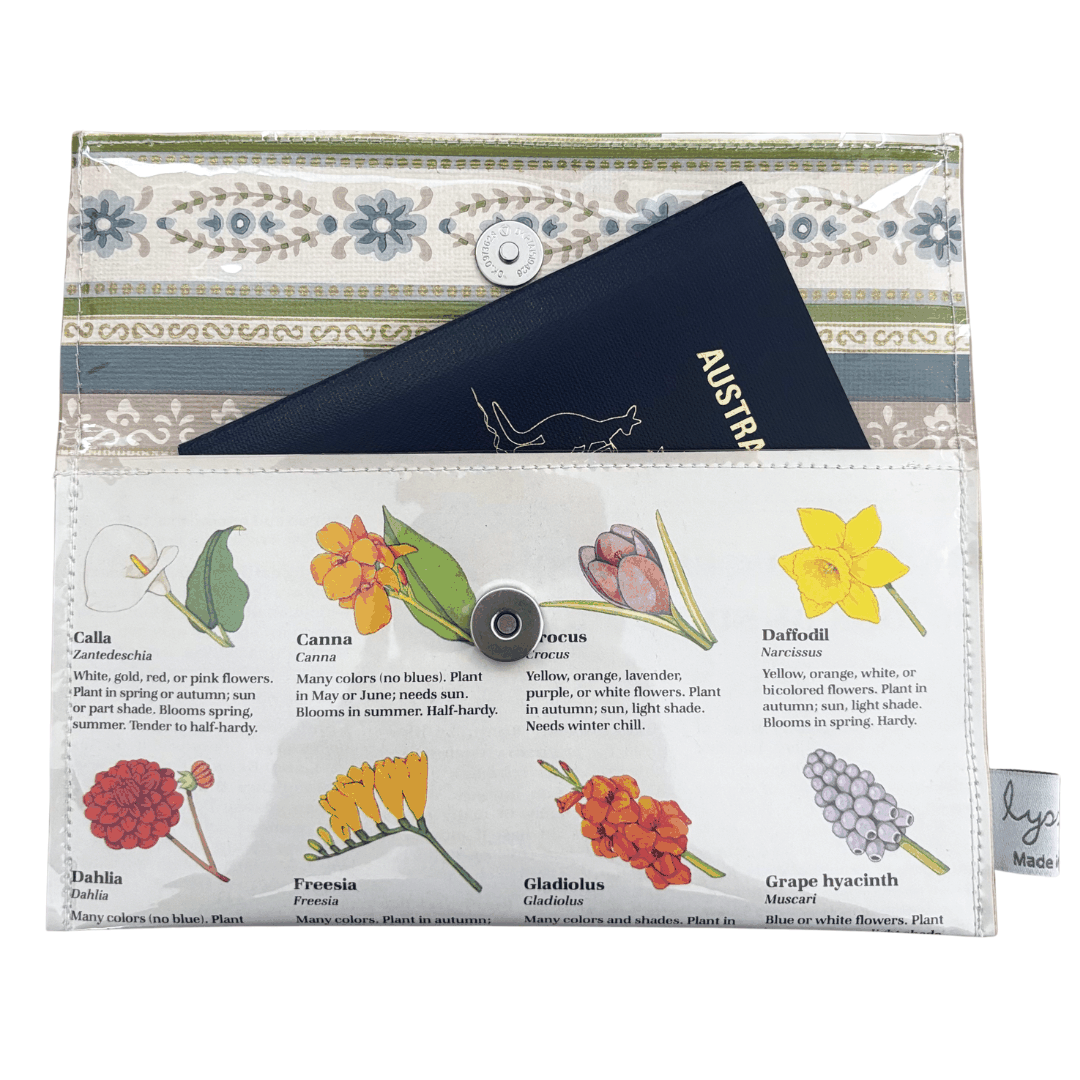 Floral patterned pouch with a passport inside, featuring illustrations of flowers and plant names.