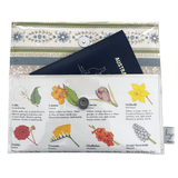Floral patterned pouch with a passport inside, featuring illustrations of flowers and plant names.