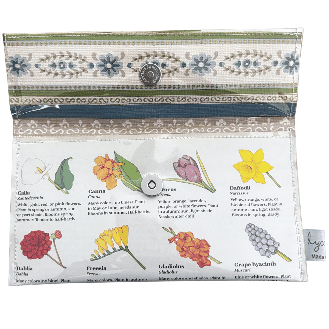 Floral pouch with plant illustrations and names on a white background
