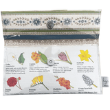 Floral pouch with plant illustrations and names on a white background