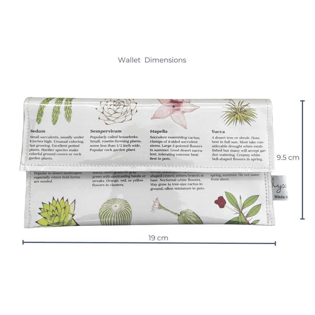 Floral-patterned wallet with dimensions on a white background