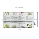 Floral-patterned wallet with dimensions on a white background