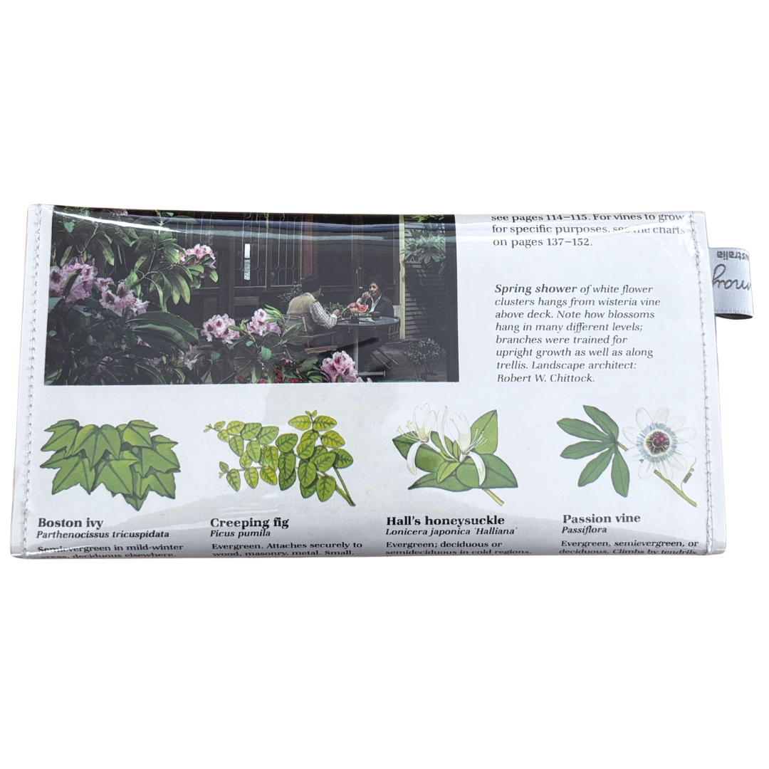 back view of wallet with plant images and text on a white background