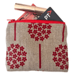 Small zip purse with red hydrangeas on natural linen fabric