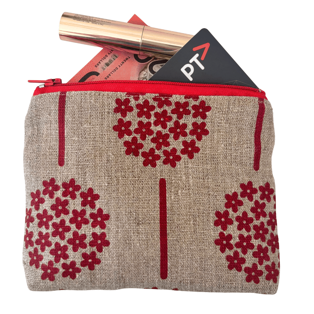 Small zip purse with red hydrangeas on natural linen fabric